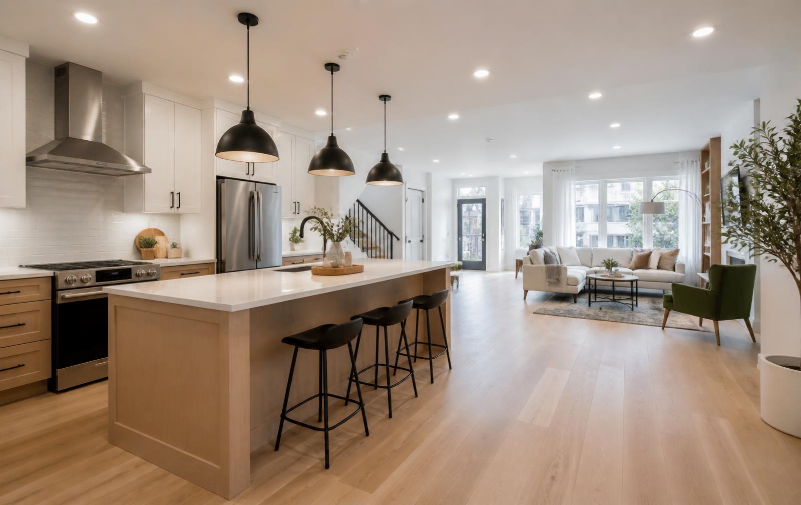 Renovated open-plan kitchen and living room in an Ottawa home